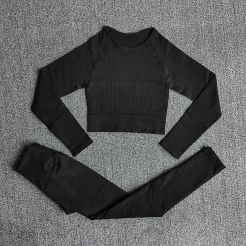 Women's Sportswear Yoga Sets Ribbed Seamless Long Sleeve Workout