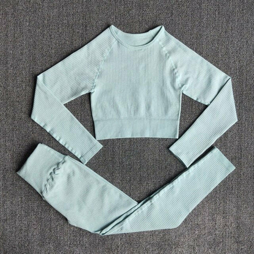 Women's Sportswear Yoga Sets Ribbed Seamless Long Sleeve Workout