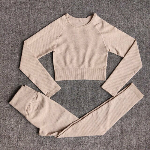 Women's Sportswear Yoga Sets Ribbed Seamless Long Sleeve Workout