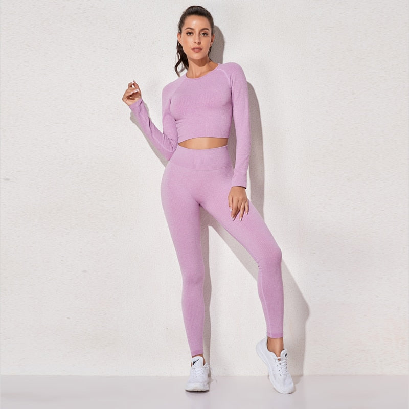 Women's Sportswear Yoga Sets Ribbed Seamless Long Sleeve Workout