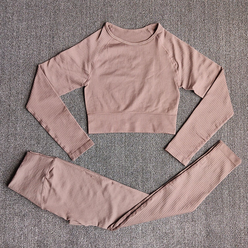 Women's Sportswear Yoga Sets Ribbed Seamless Long Sleeve Workout